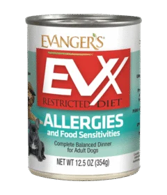 A 12.5 oz (354g) can of EVX Restricted Diet: Allergies and Food Sensitivities for adult dogs.