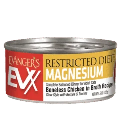 A can of EVX Restricted: Controlled Magnesium cat food, featuring boneless chicken in broth, stew style, with berries and taurine, for adult cats.