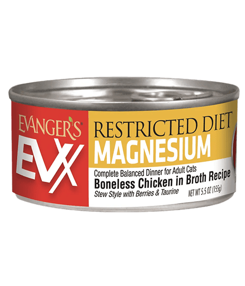 A can of EVX Restricted: Controlled Magnesium cat food, featuring boneless chicken in broth, stew style, with berries and taurine, for adult cats.