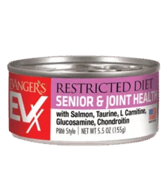 A 5.5 oz can of EVX Restricted Diet: Senior and Joint Health cat food, pâté style, highlights key ingredients to support joint health in senior cats.