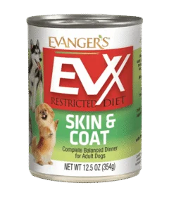 A 12.5 oz can of EVX Restricted Diet: Skin & Coat for Dogs, with two dogs and product details displayed on the label.