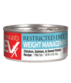 A 5.5 oz can of EVX Restricted: Weight Management pet food, Chicken, Salmon & Sweet Potato Recipe, with a blue and red label.