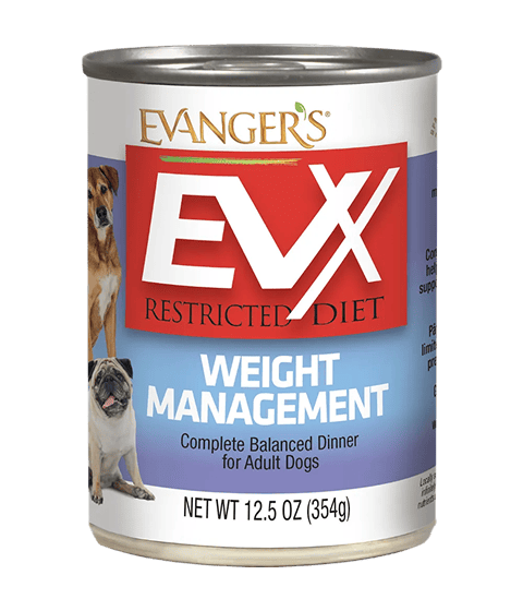 A 12.5 oz can of EVX Restricted Diet: Weight Management for Dogs wet food for adults, with a label showing two dogs.