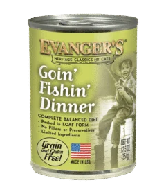 A 12.5 oz can of Heritage Classic Goin' Fishin' Dinner for Cats, made in the USA, grain and gluten free, features a grayscale image of a boy fishing; available as a case of 12 value size cans.