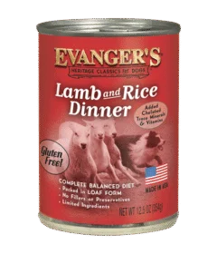 A case of 12 Heritage Classic Lamb & Rice Dinner cans features lamb imagery, product details, and a gluten-free label on a red background.