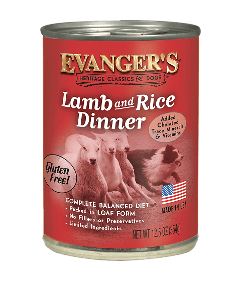 A case of 12 Heritage Classic Lamb & Rice Dinner cans features lamb imagery, product details, and a gluten-free label on a red background.
