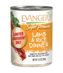 A 12.5 oz can of Super Premium Lamb & Rice Dinner, a limited ingredient diet dog food.