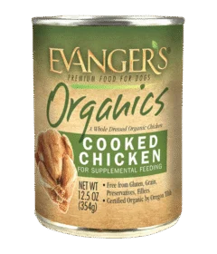 A 12.5 oz can of Organic Cooked Chicken for Dogs - Case of 12, certified organic, gluten-free, grain-free, and preservative-free.