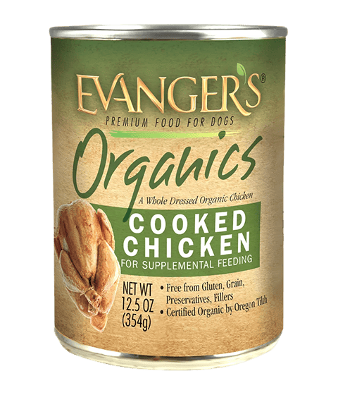 A 12.5 oz can of Organic Cooked Chicken for Dogs - Case of 12, certified organic, gluten-free, grain-free, and preservative-free.