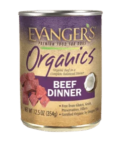 A 12.5 oz can of Organic Beef Dinner for Dogs, case of 12, certified organic, gluten and grain free, with beef cubes and coconut pictured on the label.