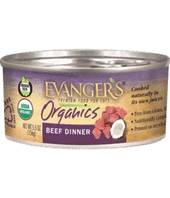 A 5.5 oz can of Organic Beef Dinner for Cats (case of 24), featuring organic and gluten-free labels, product claims, and images of beef cubes.