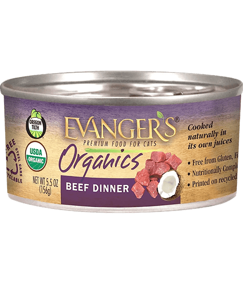 A 5.5 oz can of Organic Beef Dinner for Cats (case of 24), featuring organic and gluten-free labels, product claims, and images of beef cubes.