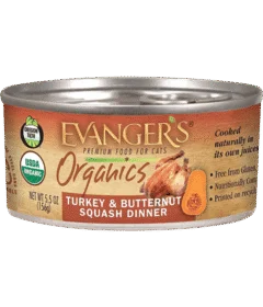 A 5.5 oz can of Organic Turkey & Butternut Squash Dinner for Cats (Case of 24) features USDA Organic and gluten-free labeling, plus a squash photo on the label.