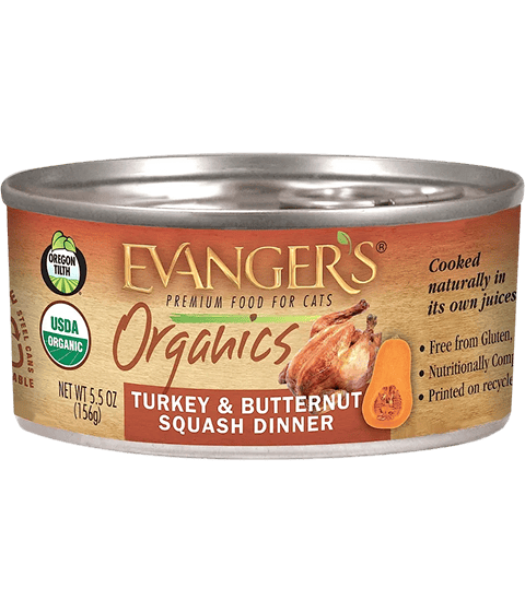 A 5.5 oz can of Organic Turkey & Butternut Squash Dinner for Cats (Case of 24) features USDA Organic and gluten-free labeling, plus a squash photo on the label.