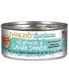 A case of 24 cans of Super Premium Seafood & Caviar Dinner for Cats, labeled grain and gluten free, limited ingredient, and suitable for all life stages.