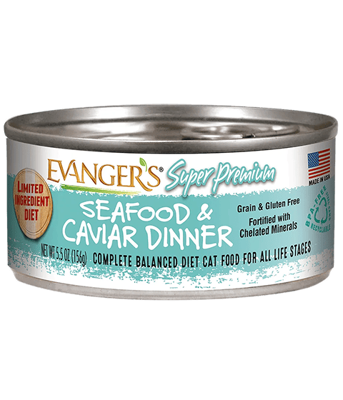 A case of 24 cans of Super Premium Seafood & Caviar Dinner for Cats, labeled grain and gluten free, limited ingredient, and suitable for all life stages.