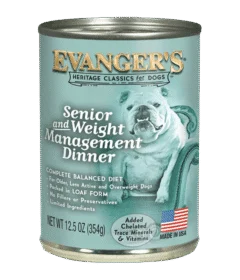 A 12.5 oz can of Heritage Classic Senior & Weight Management Food (Case of 12), featuring a bulldog illustration and detailed label for dogs.