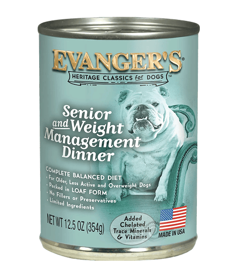 A 12.5 oz can of Heritage Classic Senior & Weight Management Food (Case of 12), featuring a bulldog illustration and detailed label for dogs.
