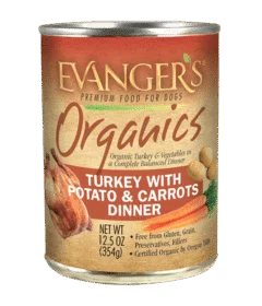 A 12.5 oz can of Organic Turkey with Potato & Carrots Dinner for Dogs, organic and free from gluten, grain, preservatives, and fillers; also available by the case of 12.
