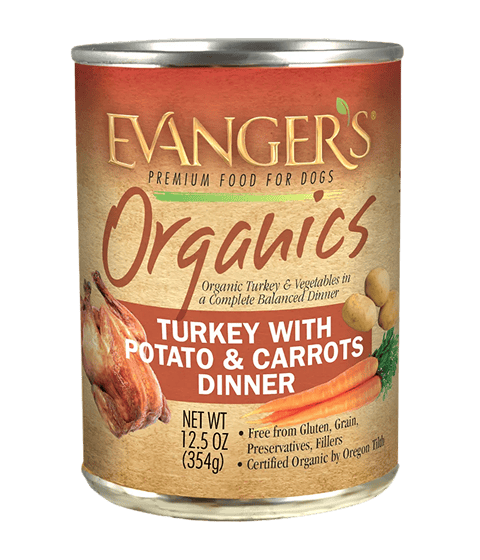 A 12.5 oz can of Organic Turkey with Potato & Carrots Dinner for Dogs, organic and free from gluten, grain, preservatives, and fillers; also available by the case of 12.