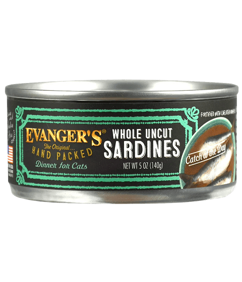 A 5 oz can of Hand Packed Catch of the Day - Whole Sardines for Cats, case of 24, with sardine images and product info on the label.