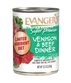 A 12.5 oz (354g) can of LID Venison + Beef Dinner dog food, labeled as a limited ingredient diet for all life stages.