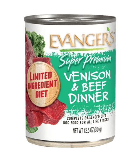A 12.5 oz (354g) can of LID Venison + Beef Dinner dog food, labeled as a limited ingredient diet for all life stages.
