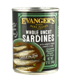 A 12 oz can of Whole Uncut Sardines - Packed by Hand! dog food with whole sardines in broth, carrots, and peas.