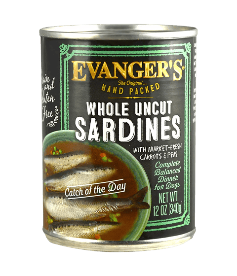 A 12 oz can of Whole Uncut Sardines - Packed by Hand! dog food with whole sardines in broth, carrots, and peas.
