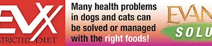 Banner showing a cat, text about managing pet health problems with the right food, EVX Restricted Diet, Evanger’s Solutions logo, and a USA flag.
