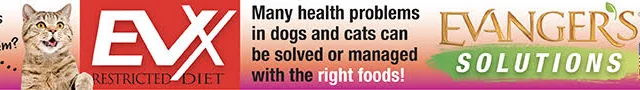 Banner showing a cat, text about managing pet health problems with the right food, EVX Restricted Diet, Evanger’s Solutions logo, and a USA flag.