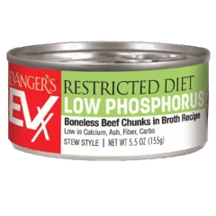 A 5.5 oz (155g) can of EVX Restricted: Low Phosphorus boneless beef chunks in broth stew style.