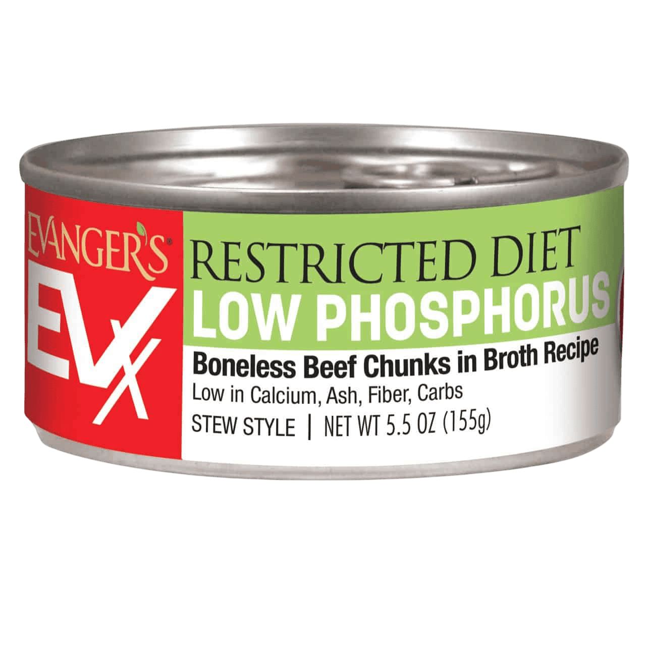 A 5.5 oz (155g) can of EVX Restricted: Low Phosphorus boneless beef chunks in broth stew style.