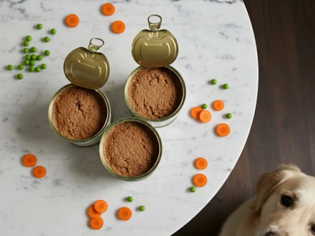 Two open cans of dog food are on a marble table, surrounded by scattered carrot slices and peas; a dog looks up from the floor beside the table.