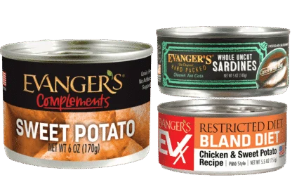 Three cans of Evanger's pet food, including sweet potato, whole uncut sardines, and a restricted diet chicken and sweet potato recipe.