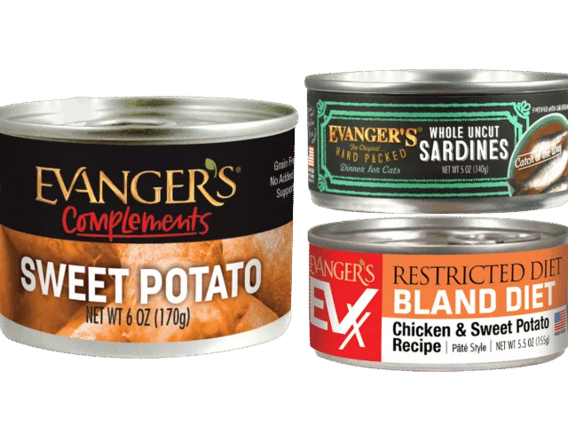 Three cans of Evanger's pet food, including sweet potato, whole uncut sardines, and a restricted diet chicken and sweet potato recipe.