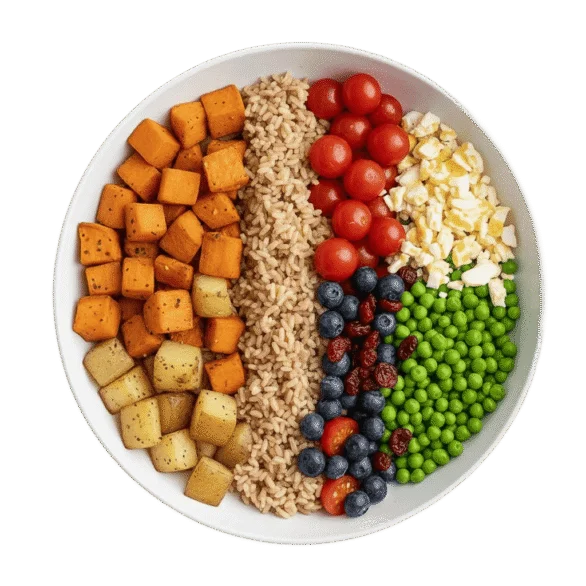 A bowl containing roasted sweet potatoes, roasted potatoes, brown rice, cherry tomatoes, chopped hard-boiled egg, green peas, blueberries, and dried cranberries arranged in sections.