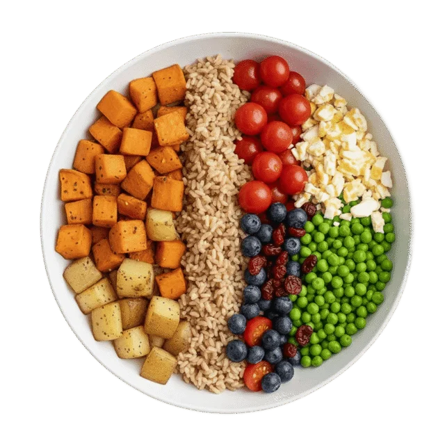 A bowl containing roasted sweet potatoes, roasted potatoes, brown rice, cherry tomatoes, chopped hard-boiled egg, green peas, blueberries, and dried cranberries arranged in sections.