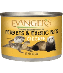 A can of Chicken Dinner for Ferrets & Exotic Pets with a yellow label featuring images of a ferret, hedgehog, and lizard.