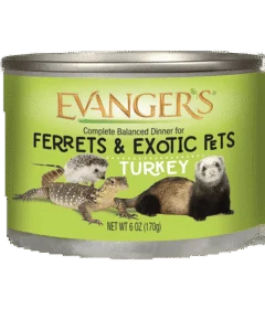 A can of Turkey Dinner for Ferrets & Exotic Pets, featuring images of a hedgehog, lizard, and ferret on a green label.
