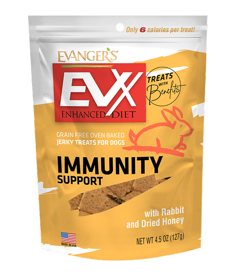 A yellow bag of Evanger’s Grain Free Buffalo with Fruits & Veggies dog treats, featuring product details and a buffalo illustration on the front.