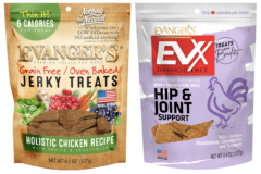 Two packages of Evanger's dog treats: Holistic Chicken Jerky Treats with fruits and vegetables, and EVX Enhanced Diet Hip & Joint Support with chicken, glucosamine, chondroitin, and turmeric.