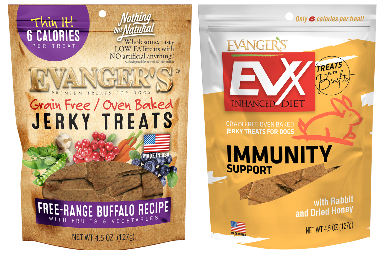 Two packs of Evanger’s grain-free oven-baked jerky dog treats: Free-Range Buffalo Recipe and EVx Immunity Support with Rabbit & Dried Honey.