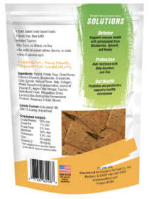 Back of EVx Immunity Support with Rabbit & Dried Honey pet food, listing ingredients, nutrition info, and benefits like immune health, skin/coat protection, and gut health. Includes product barcodes and manufacturer details.