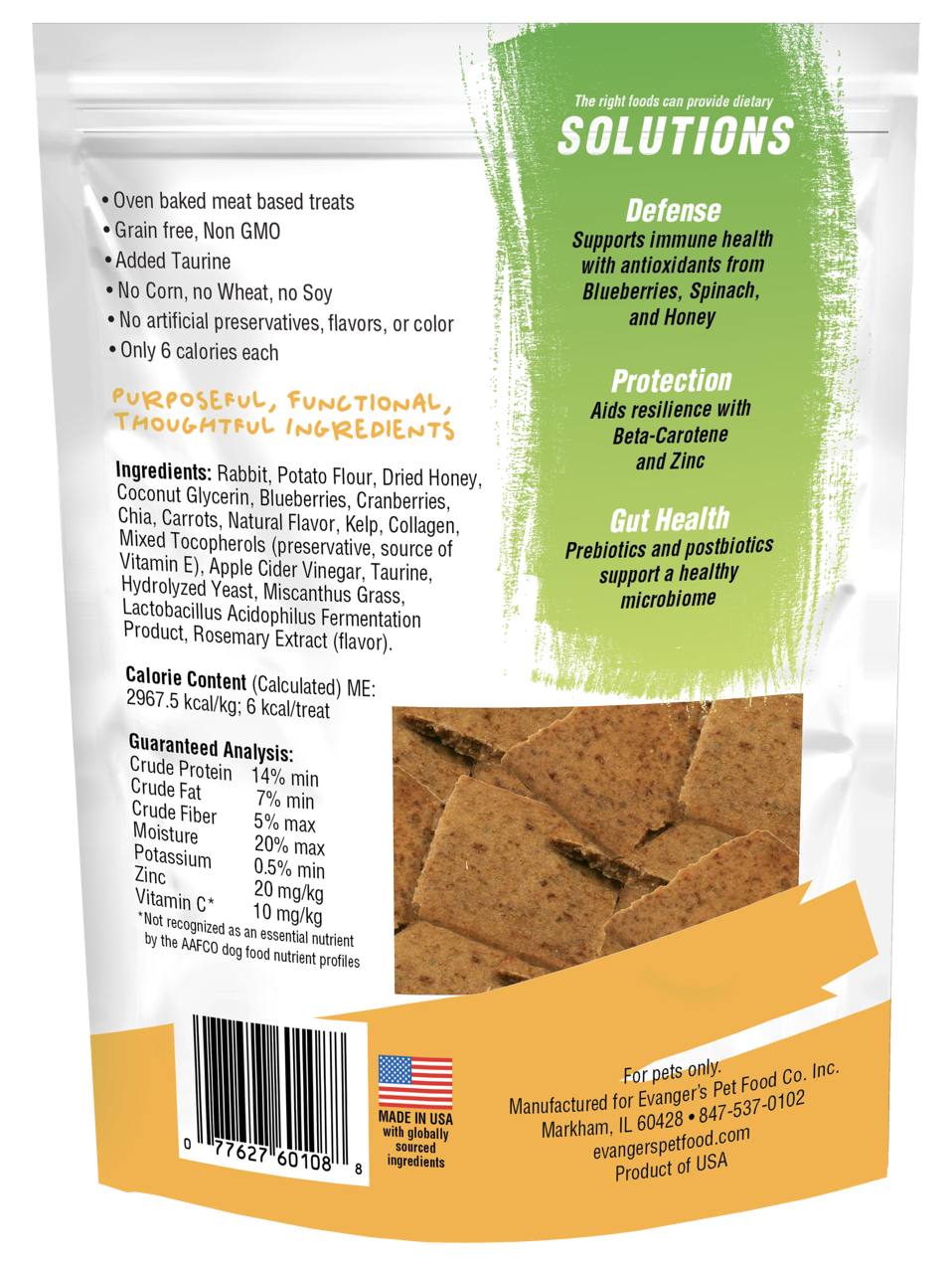 Back of EVx Immunity Support with Rabbit & Dried Honey pet food, listing ingredients, nutrition info, and benefits like immune health, skin/coat protection, and gut health. Includes product barcodes and manufacturer details.
