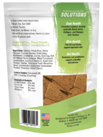 Back of EVx Enhanced Diet Skin & Coat Support with Salmon, Whole Flaxseed & Fish Oil package displays ingredients, nutrition info, health benefits, manufacturer details, barcode, and recycling symbol.