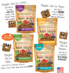 Four bags of EVX Enhanced Diet Hip & Joint Support with Chicken, Glucosamine, Chondroitin, and Turmeric for dogs are displayed with illustrated jerky pieces, playful captions, and product details.