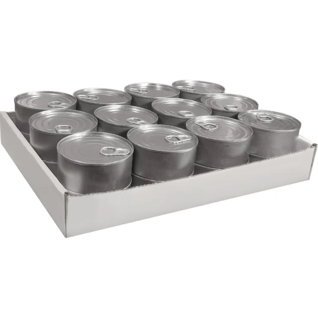 A cardboard tray containing twelve unopened metal cans with pull-tab lids, arranged in three rows of four.