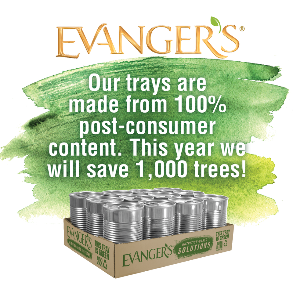 Image describing that Evangers trays are make from post consumer content and using Evangers helps save 1000 trees annually.