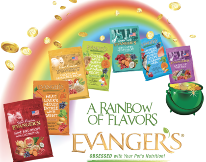 A rainbow of Evangers kibble dry food arch into a pot of gold for St Patricks Day